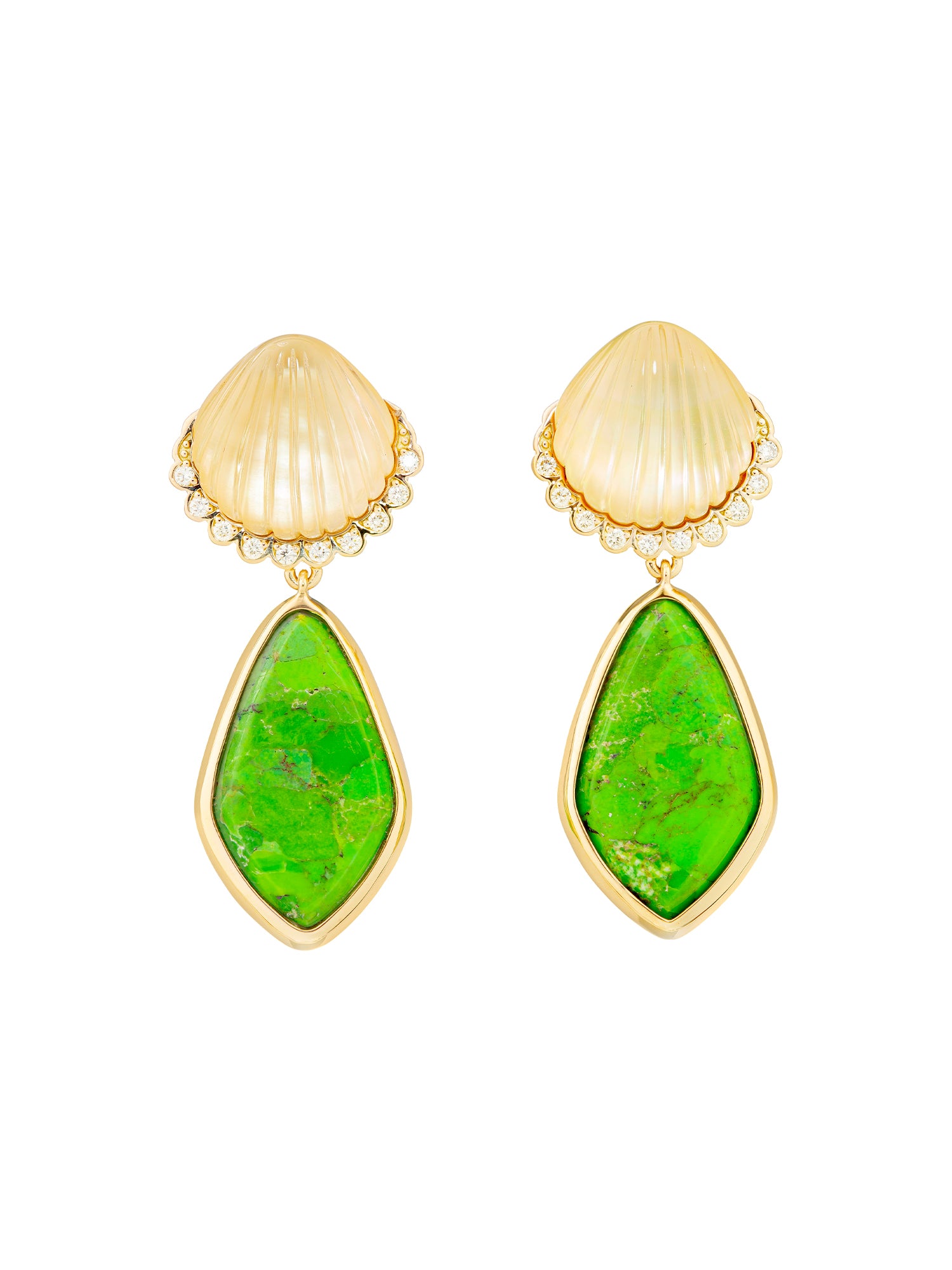 Rare Persian Turquoise Earrings with Rock Crystal Shell and White Diamonds