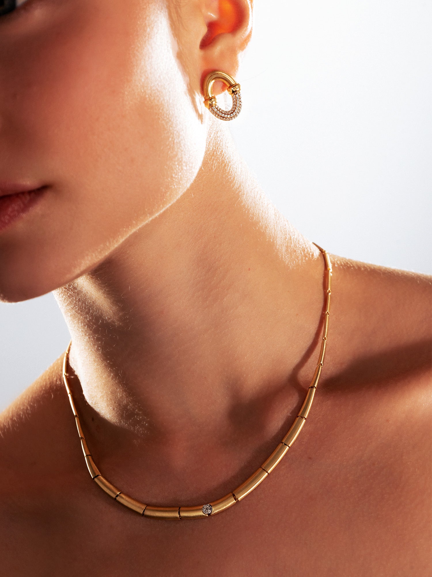 Brushed Yellow Gold Necklace with Single Diamond