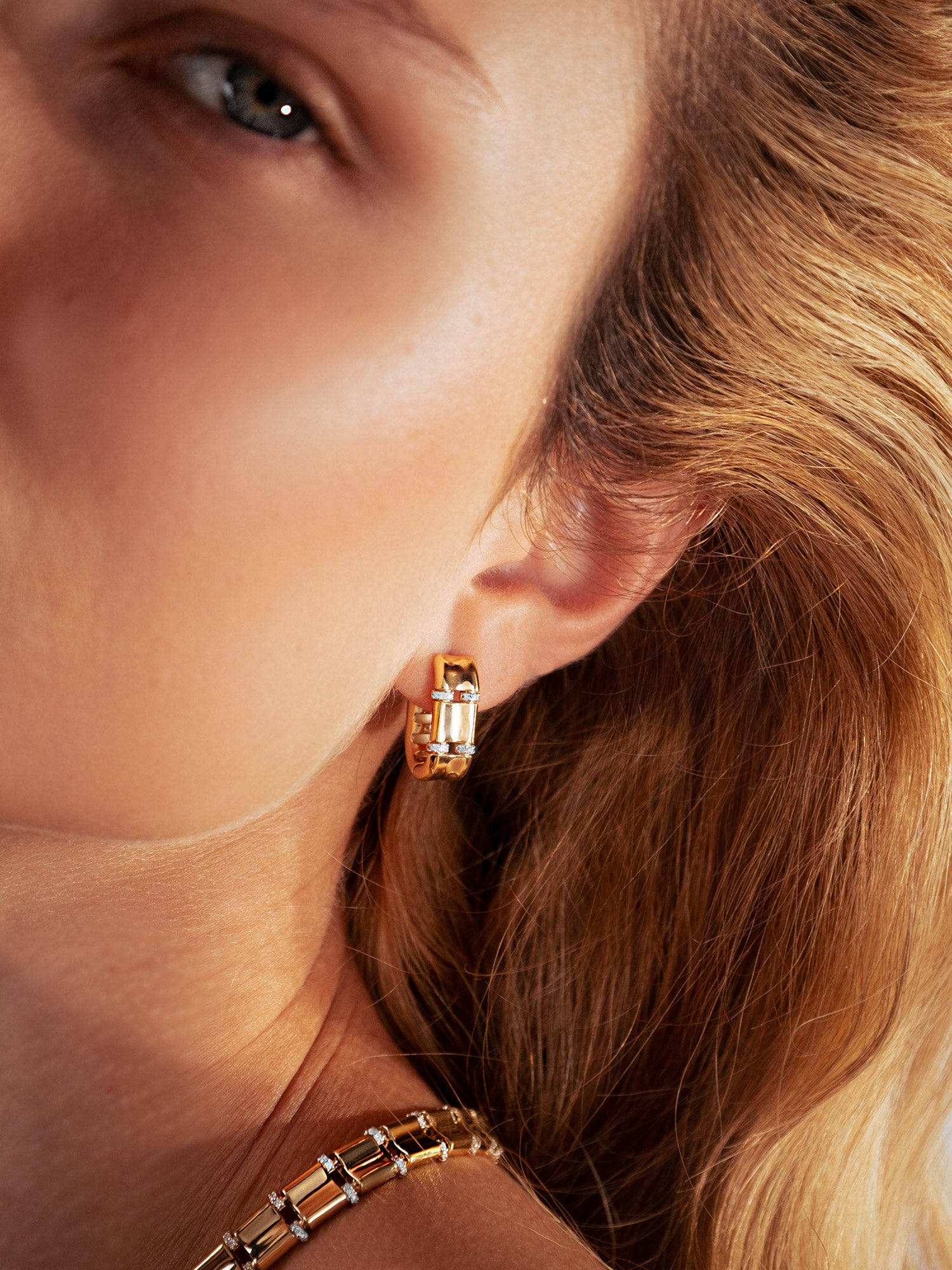 Yellow Gold and Diamond Elongated Huggies