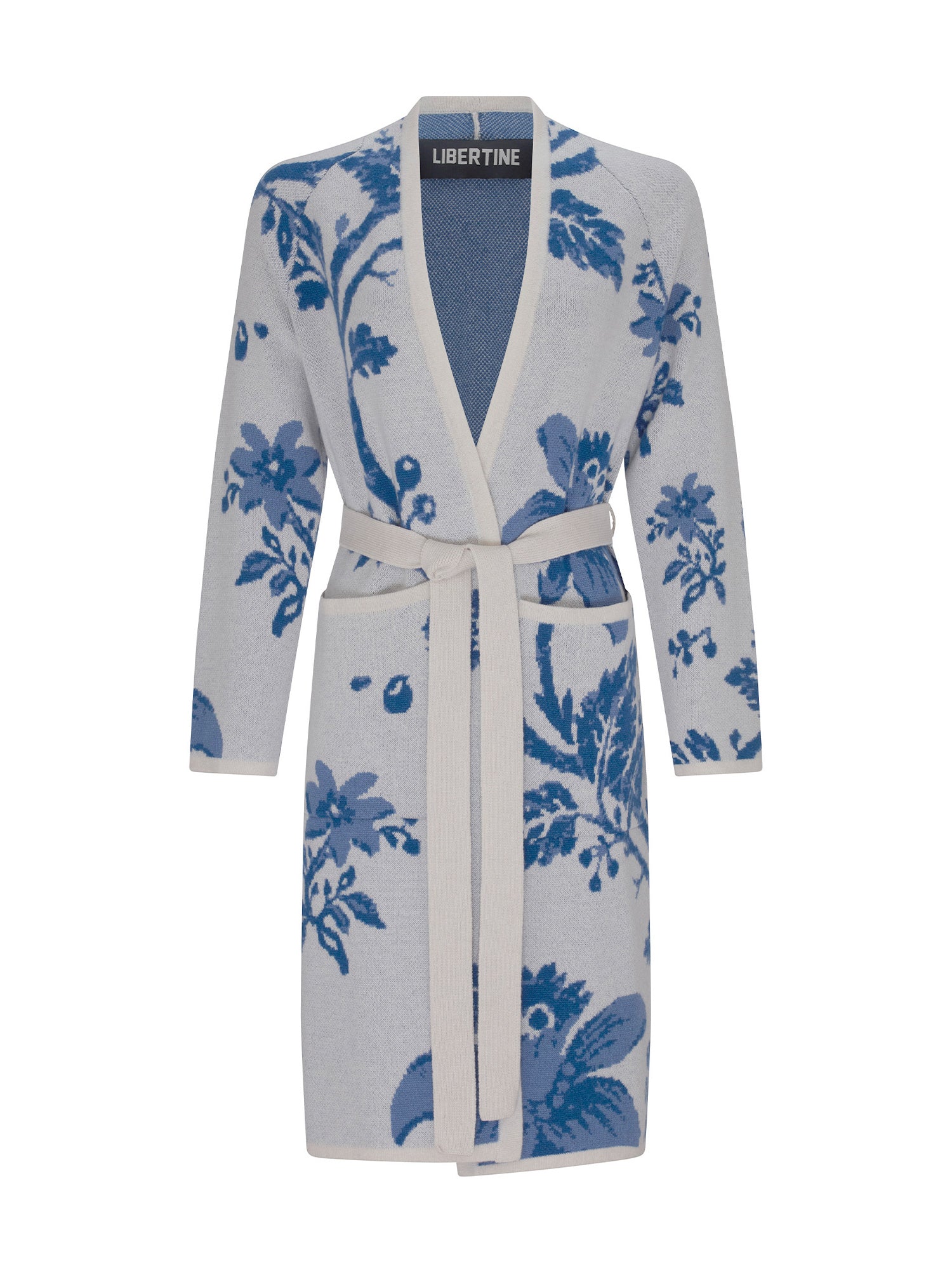 Oversized Blue Floral Slim Belted Cardigan