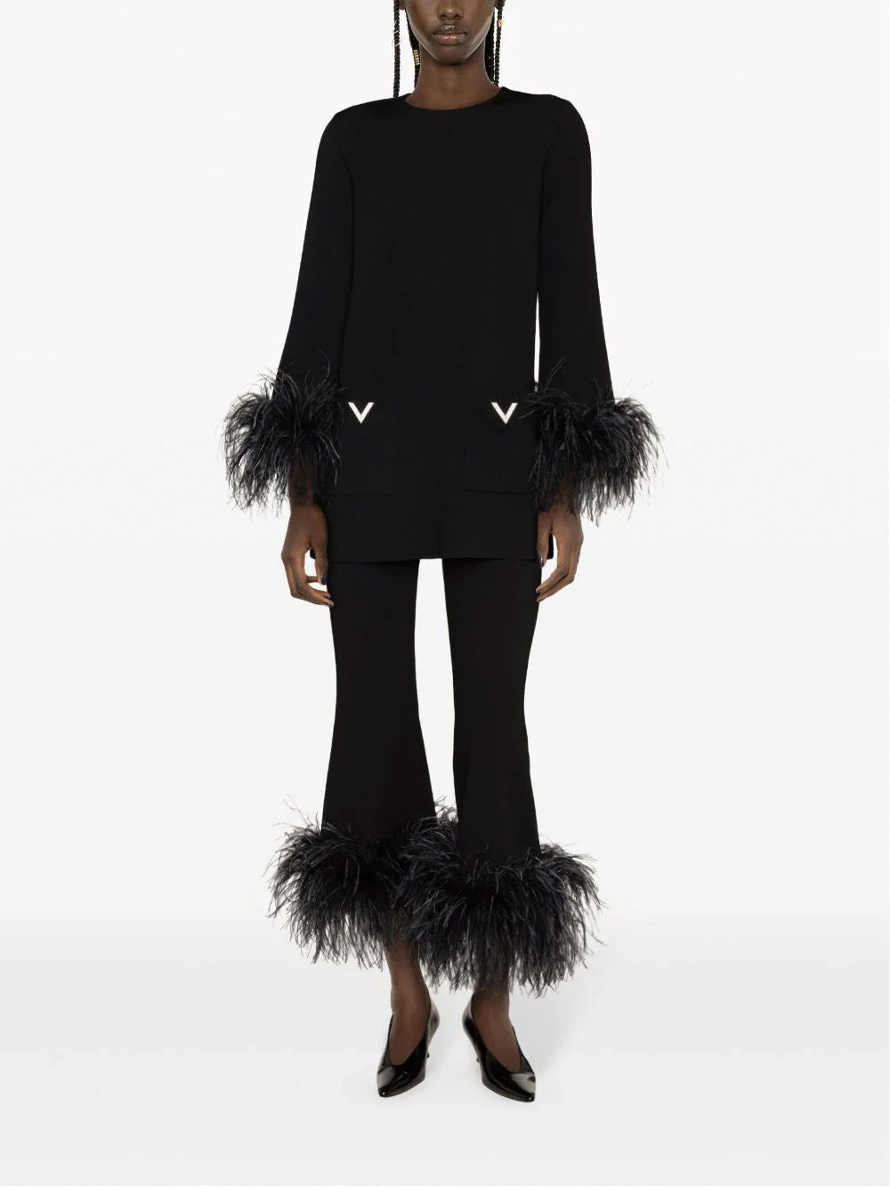 Feather-Trim Flared Trousers
