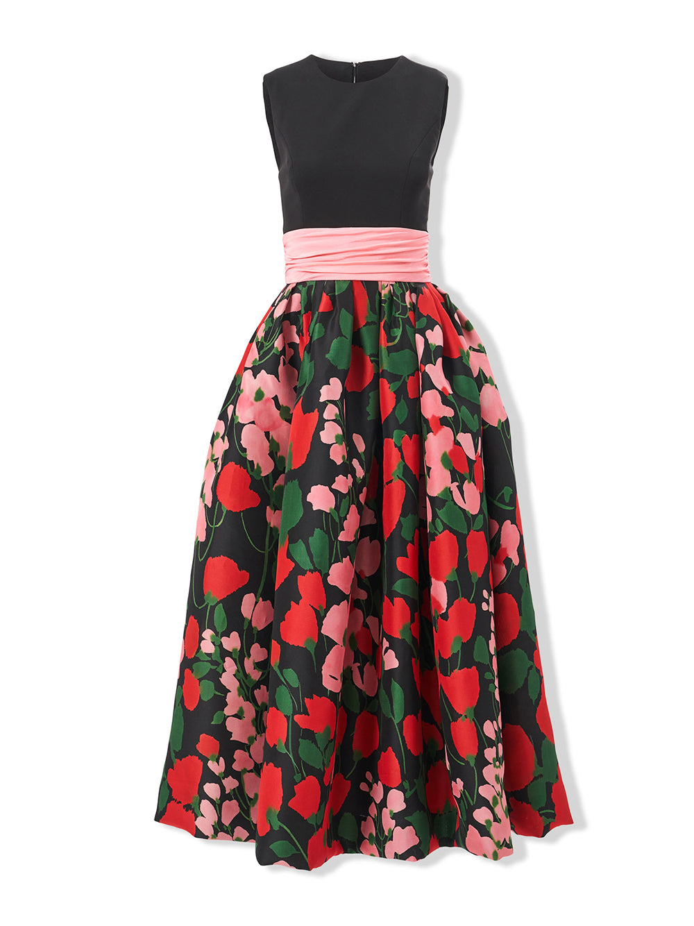 Floral-Print Cummerbund-Waist Midi Dress