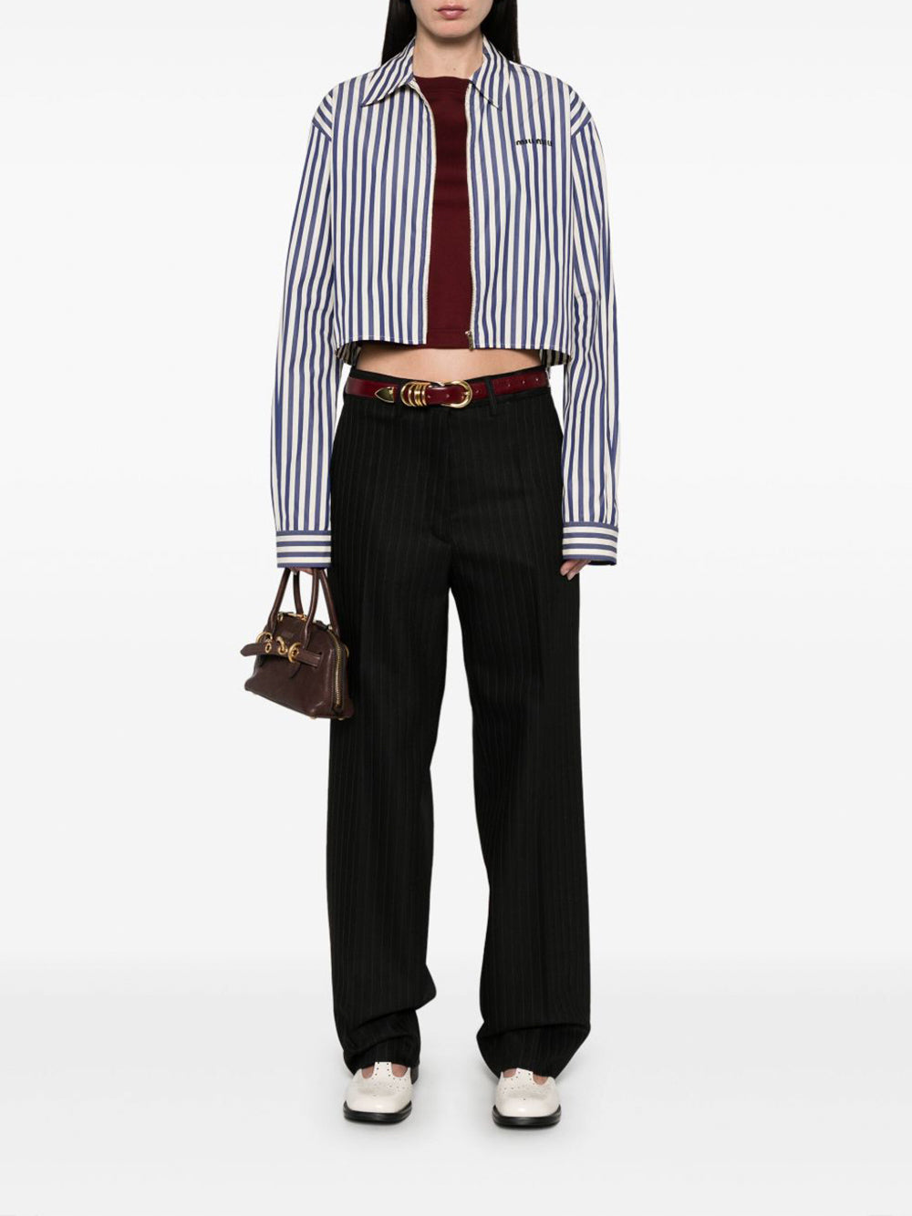 Cropped Striped Zip-Up Poplin Shirt