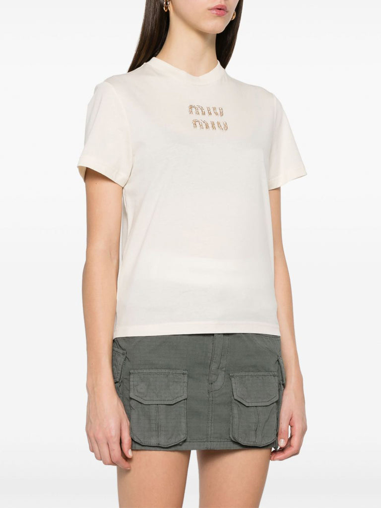 【MIU MIU】Embroidered logo cotton short sleeve T-shirt Miu Miu logo-embroidered Cotton T-shirt | White | FARFETCH