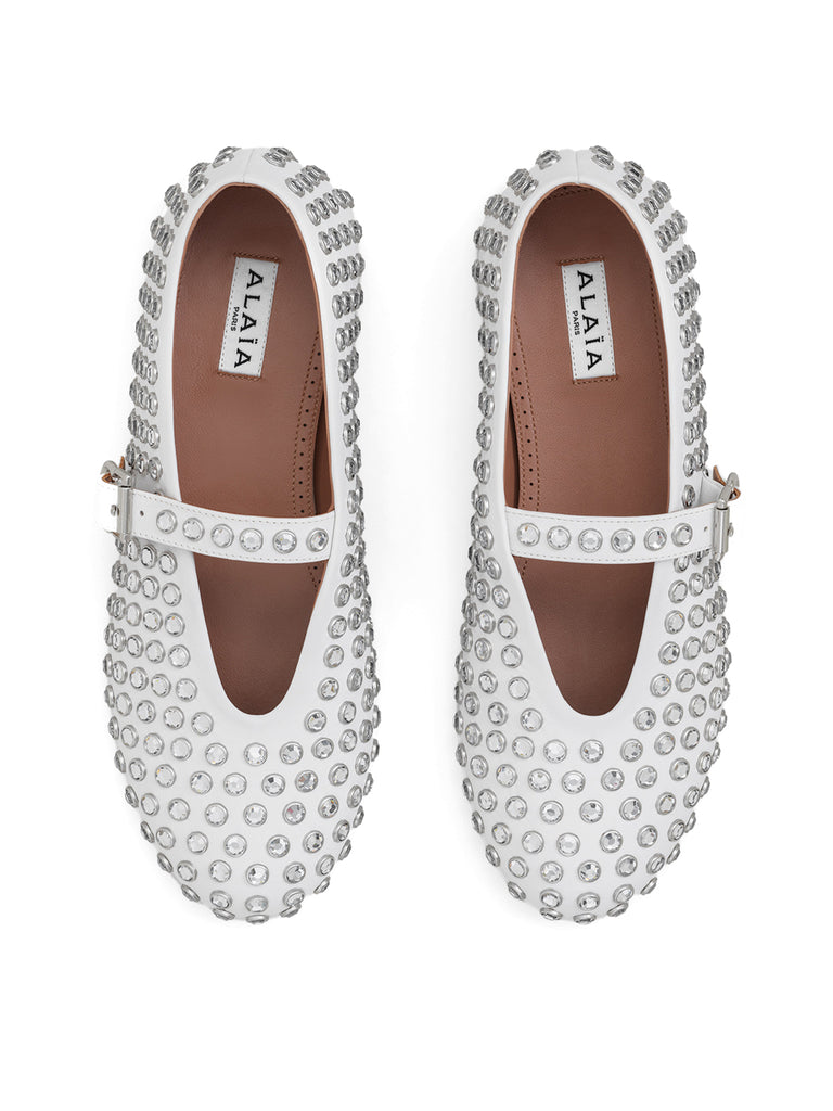ALAIA BALLET FLATS IN ALMOND BEIGE GLOSSY CALFSKIN WITH SILVER HARDWARE