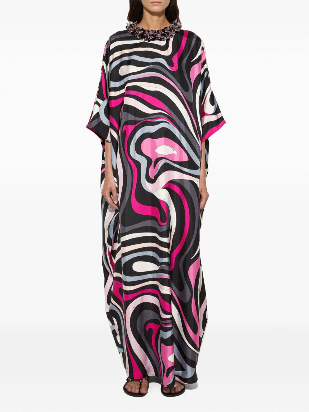Embellished Marmo-Print Silk Caftan