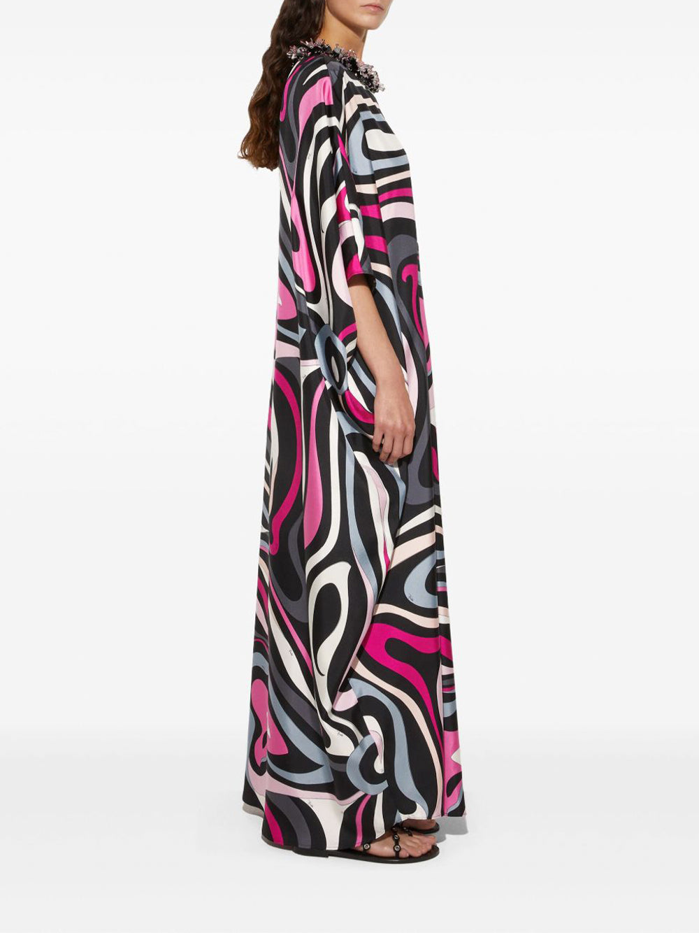 Embellished Marmo-Print Silk Caftan
