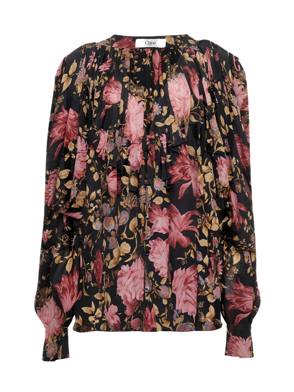 Silk Charmeuse V-Neck Ruffled Blouse