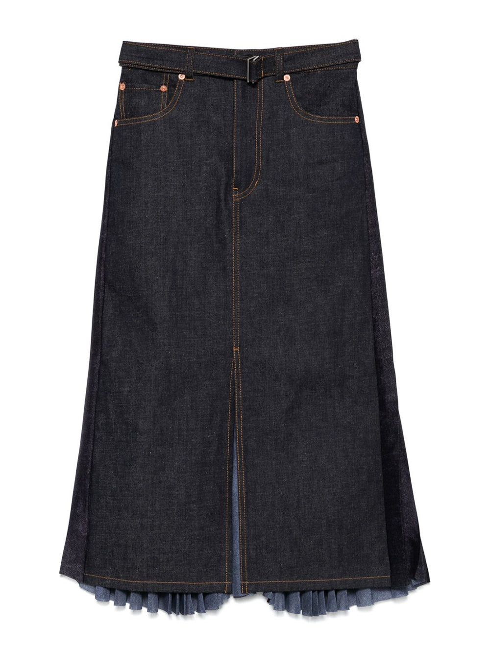 Pleated Denim Midi Skirt