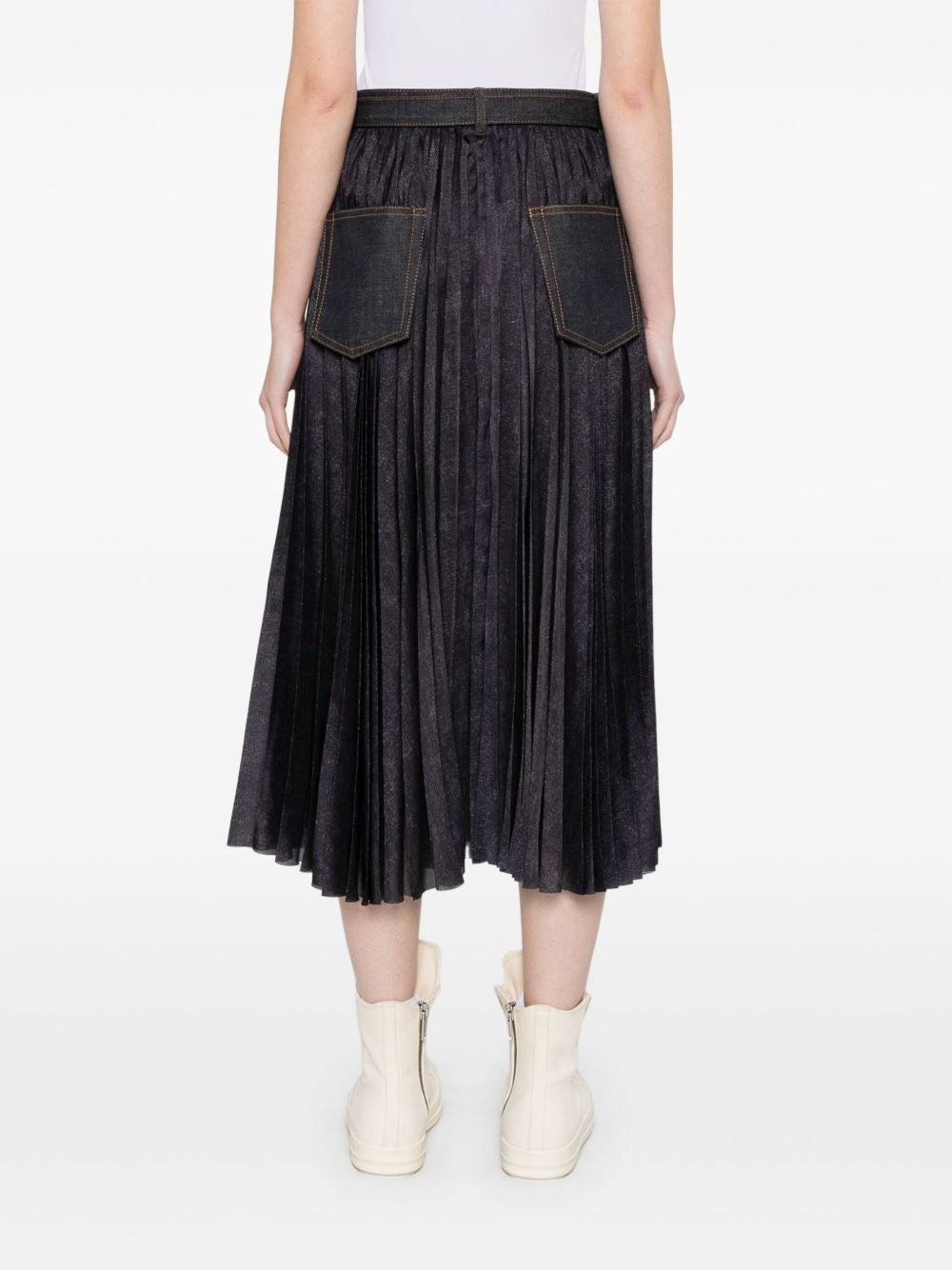 Pleated Denim Midi Skirt