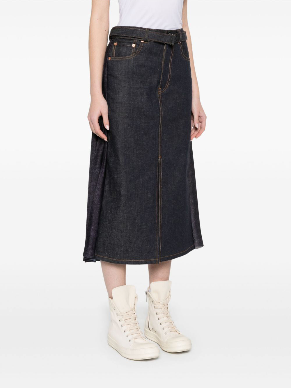 Pleated Denim Midi Skirt