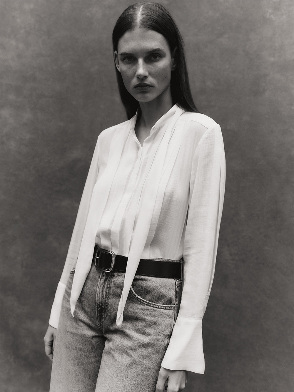 Patti Pleated Tie-Neck Top in Sheer Crinkled Shirting