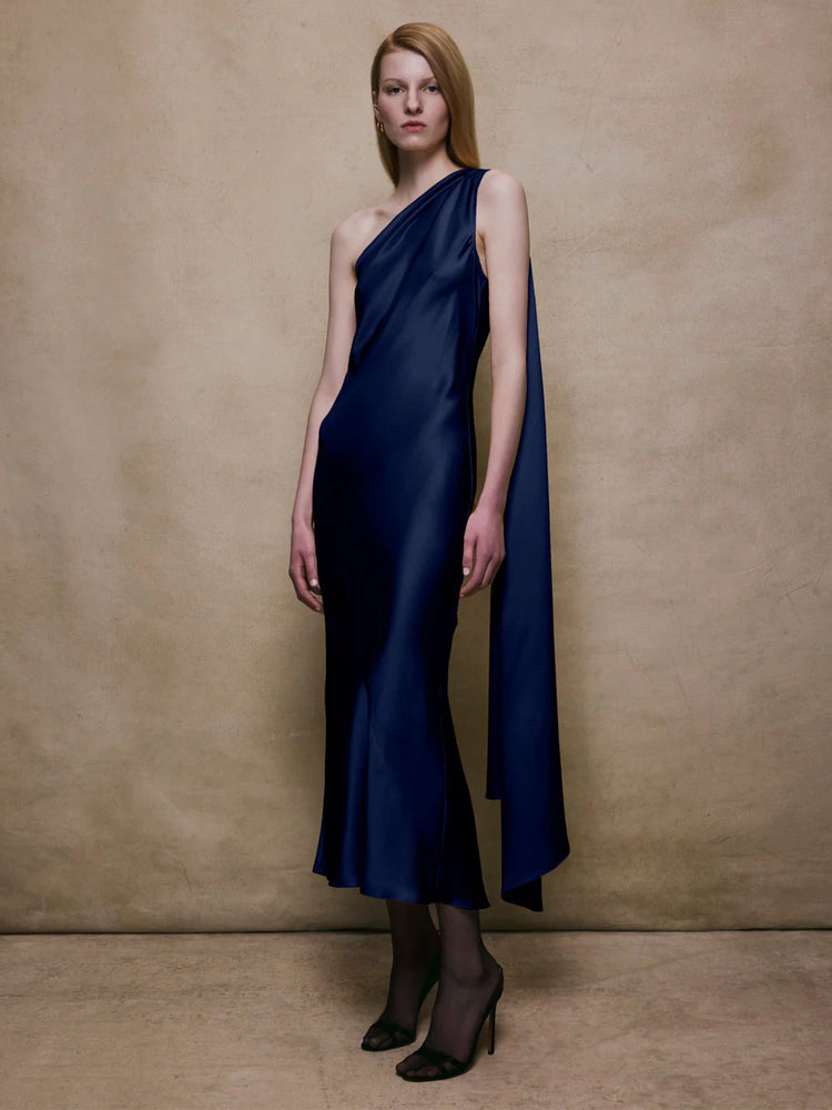 Alejandra Alonso Rojas | One Shoulder Satin Shawl Midi Dress  Kirna Zabte