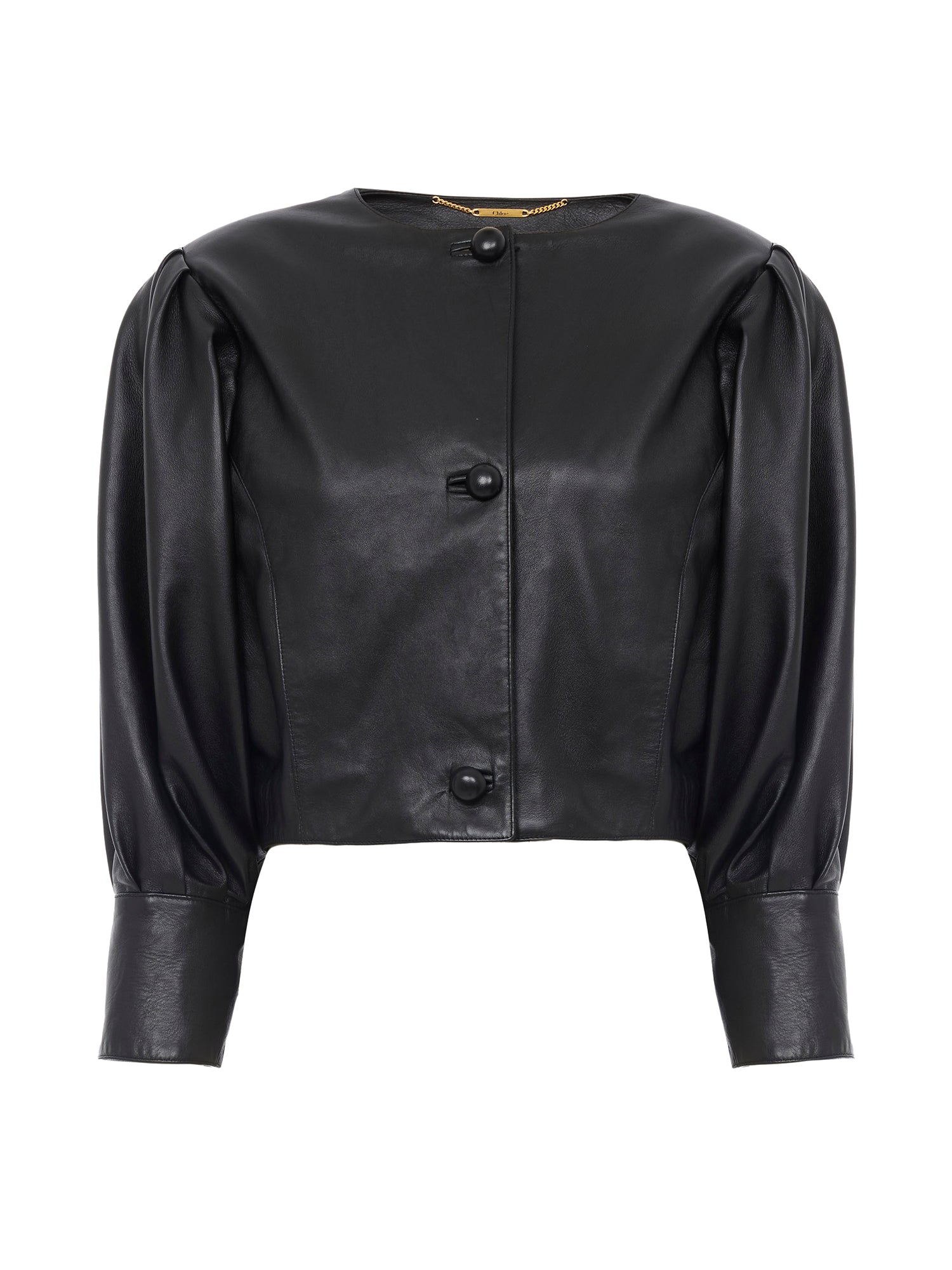 Cropped Collarless Leather Jacket