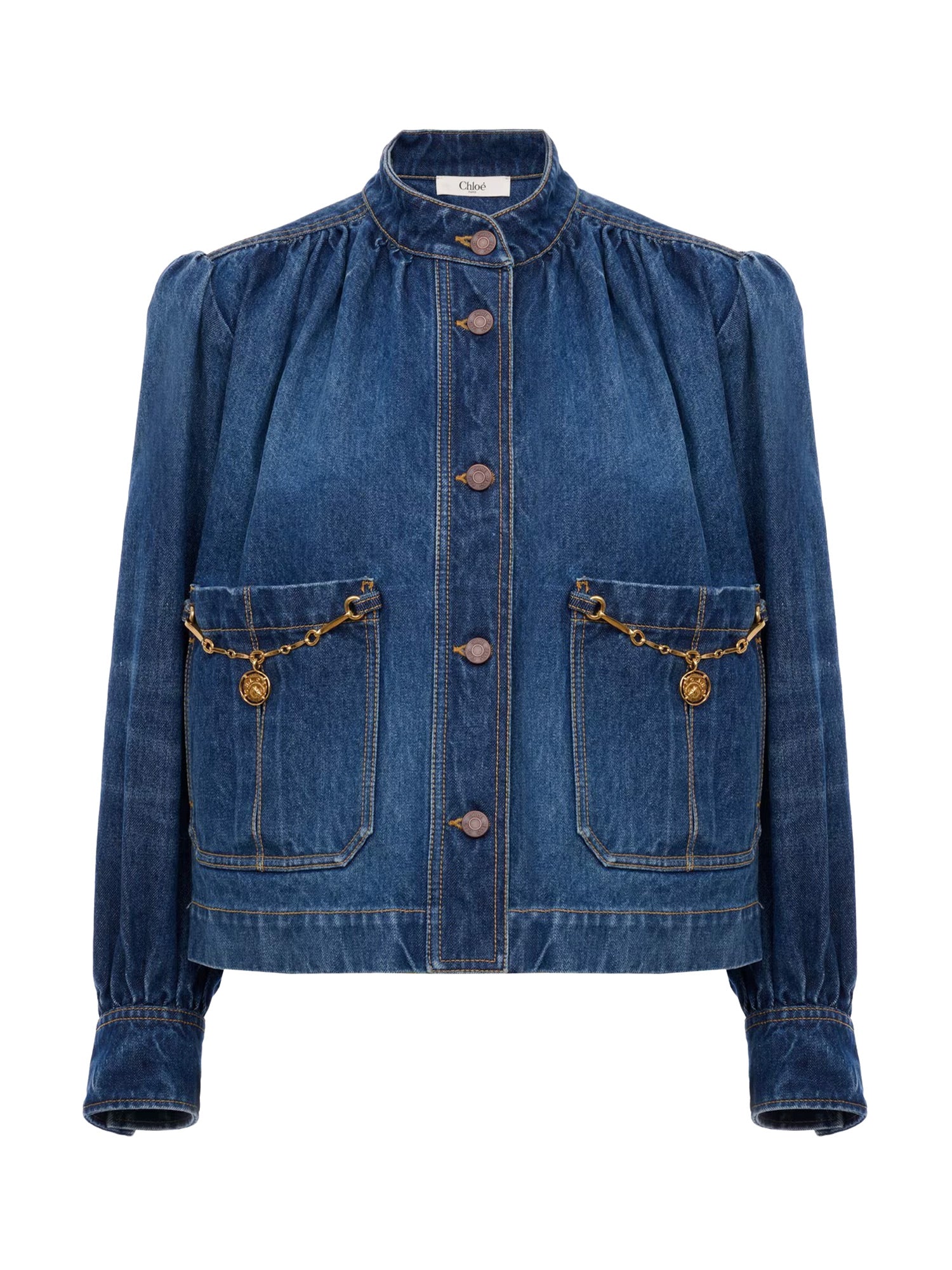 High-Neck Gathered Denim Jacket