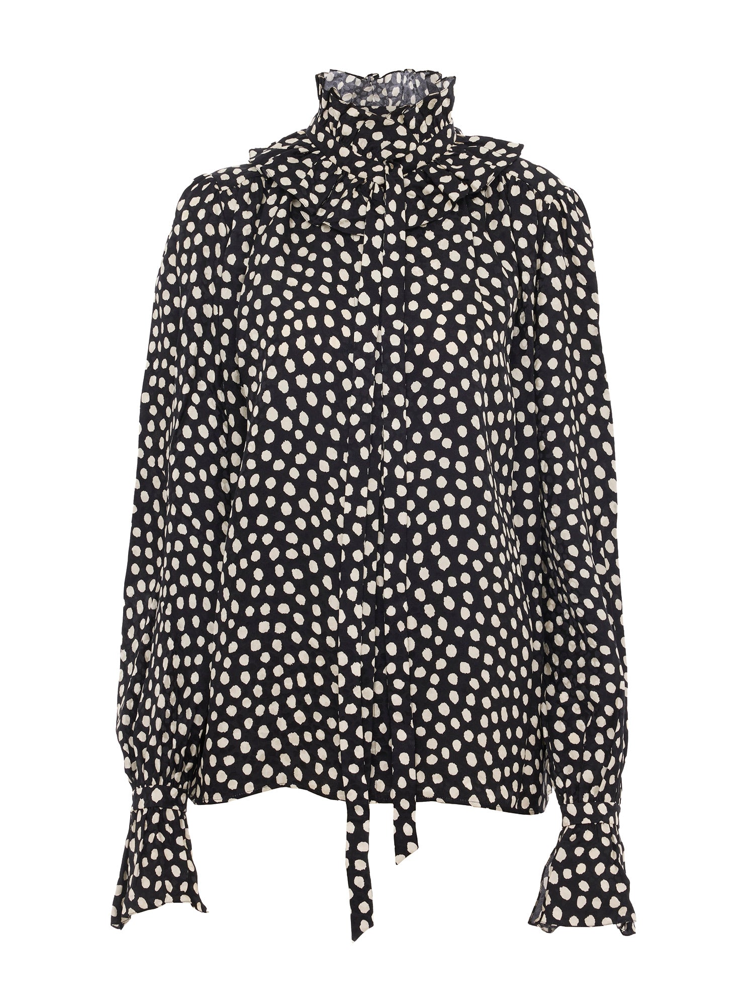 Silk Jacquard Tie-Front Ruffled Blouse