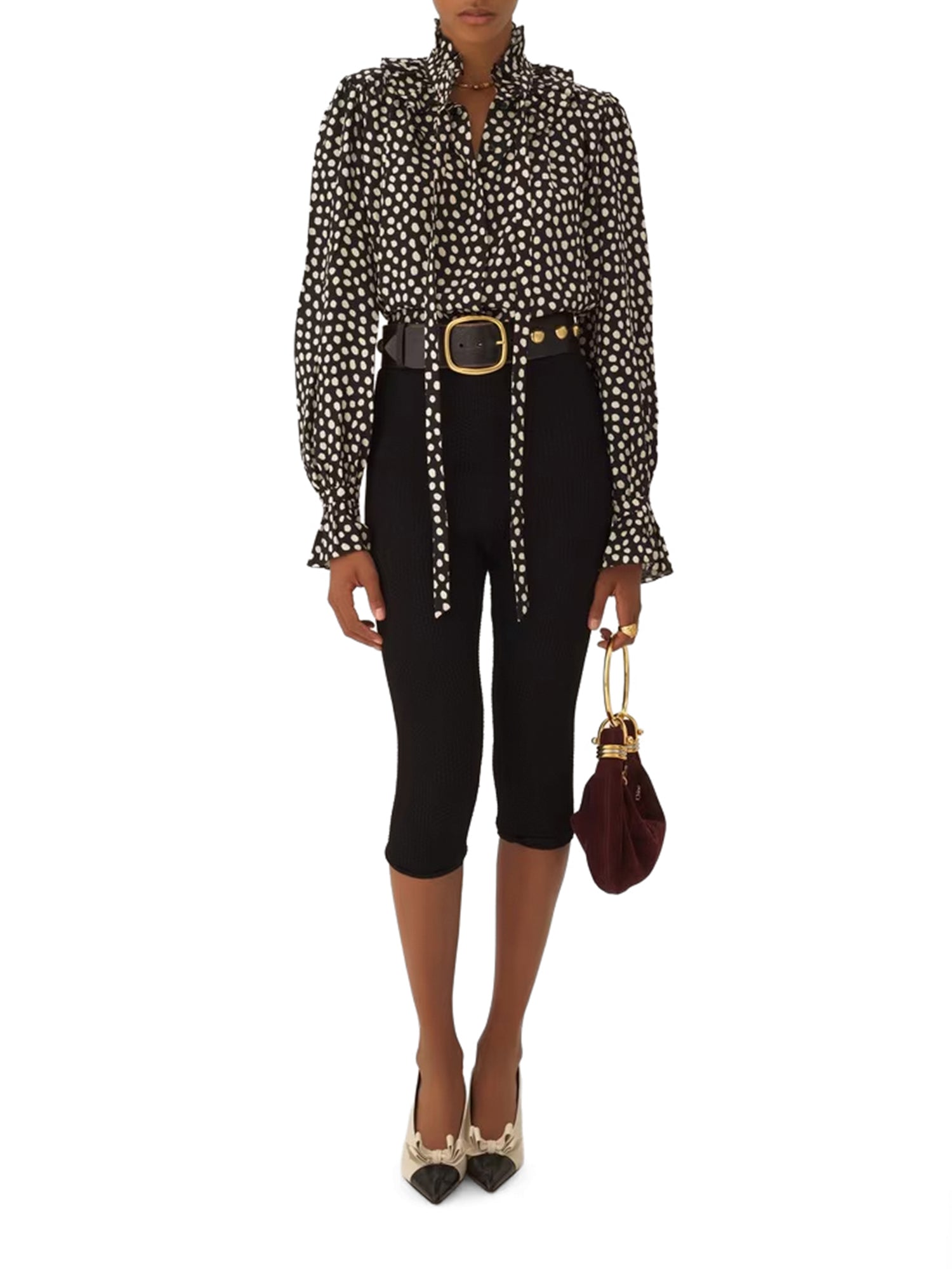 Silk Jacquard Tie-Front Ruffled Blouse