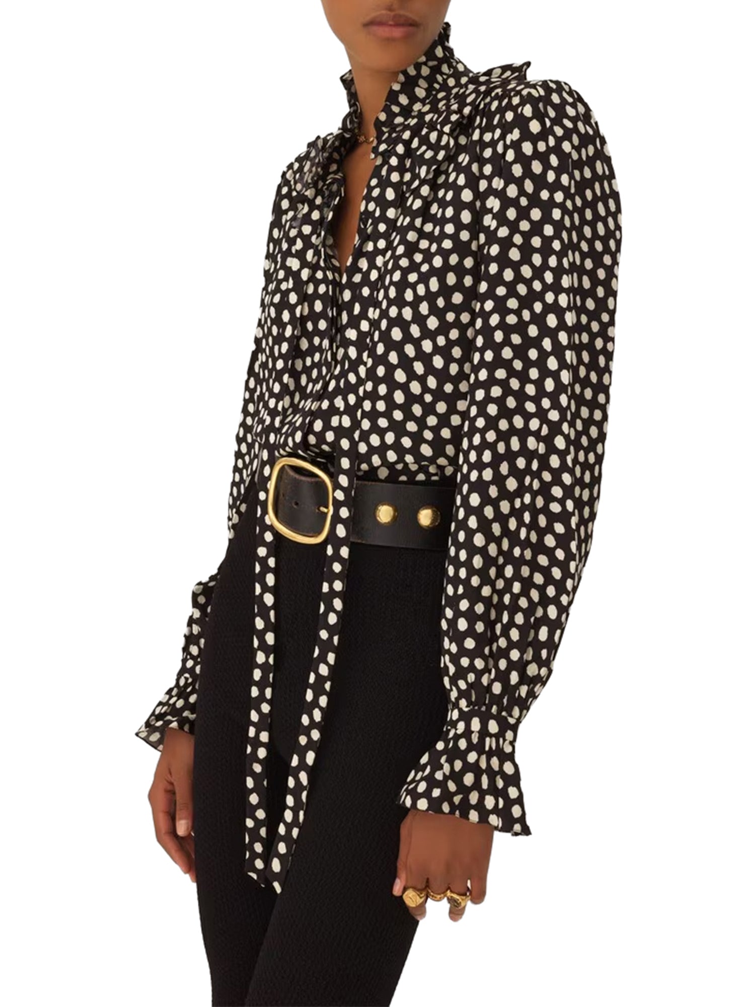 Silk Jacquard Tie-Front Ruffled Blouse