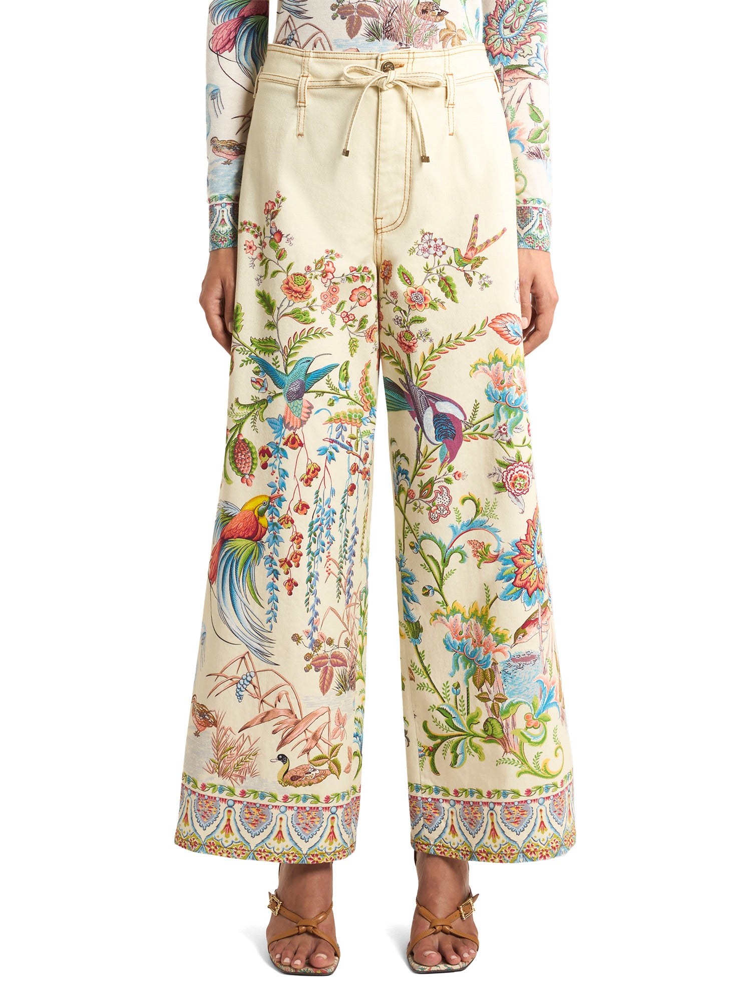 Belted Floral Wide-Leg Jeans