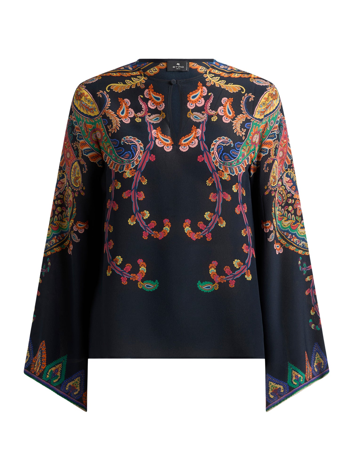 Silk Paisley Keyhole Blouse with Flared Sleeves