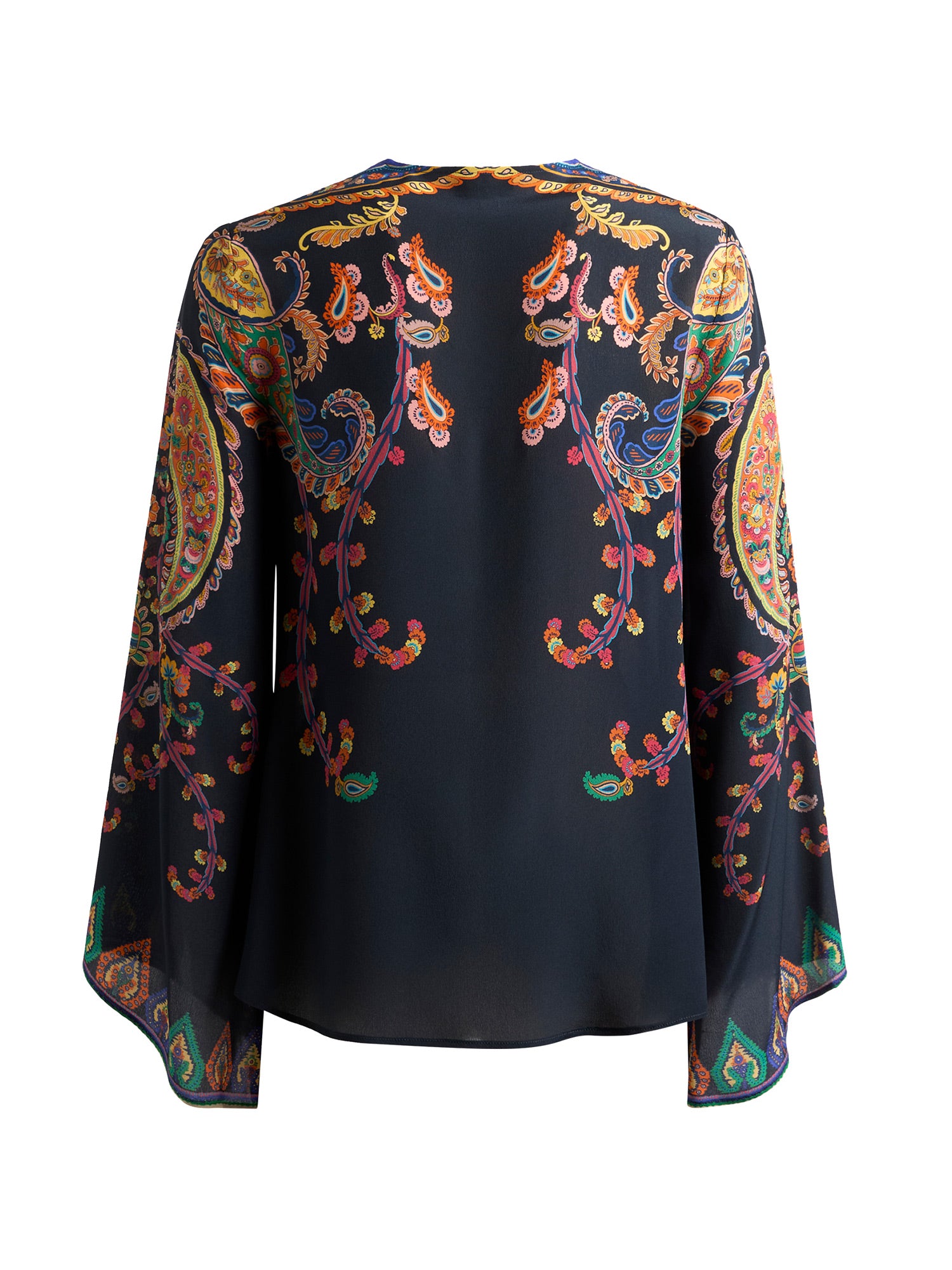 Silk Paisley Keyhole Blouse with Flared Sleeves