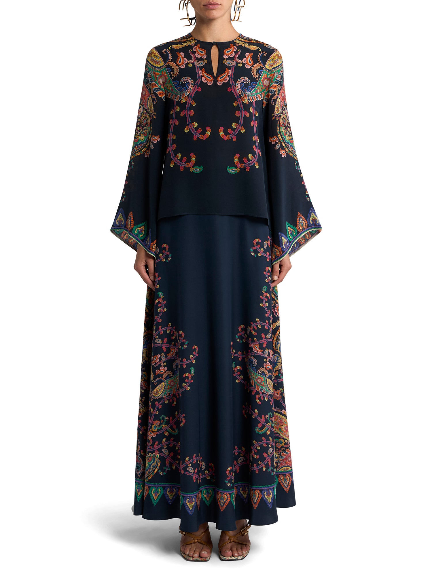Silk Paisley Keyhole Blouse with Flared Sleeves