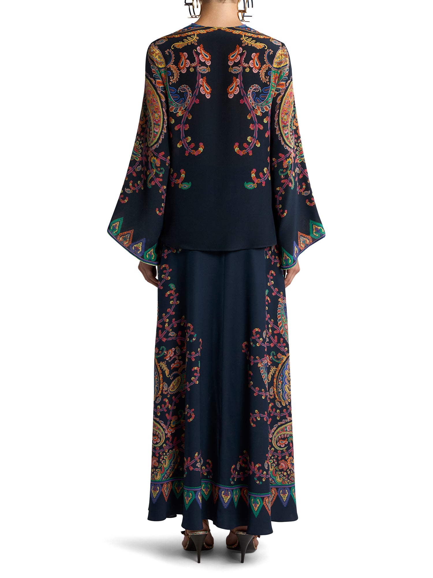Silk Paisley Keyhole Blouse with Flared Sleeves