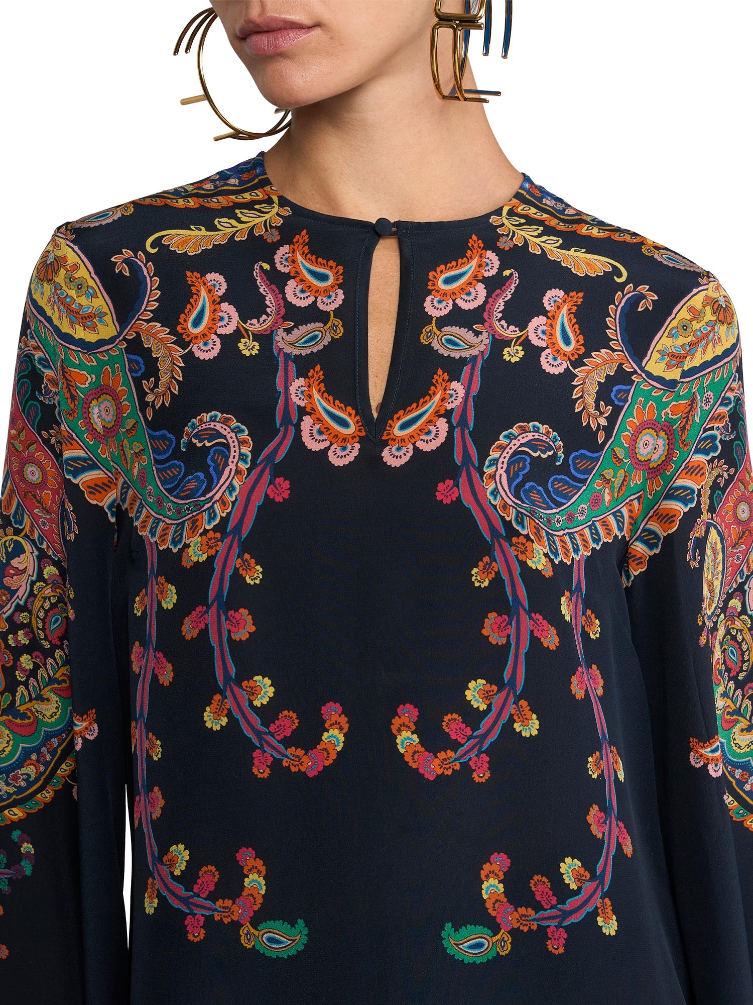 Silk Paisley Keyhole Blouse with Flared Sleeves