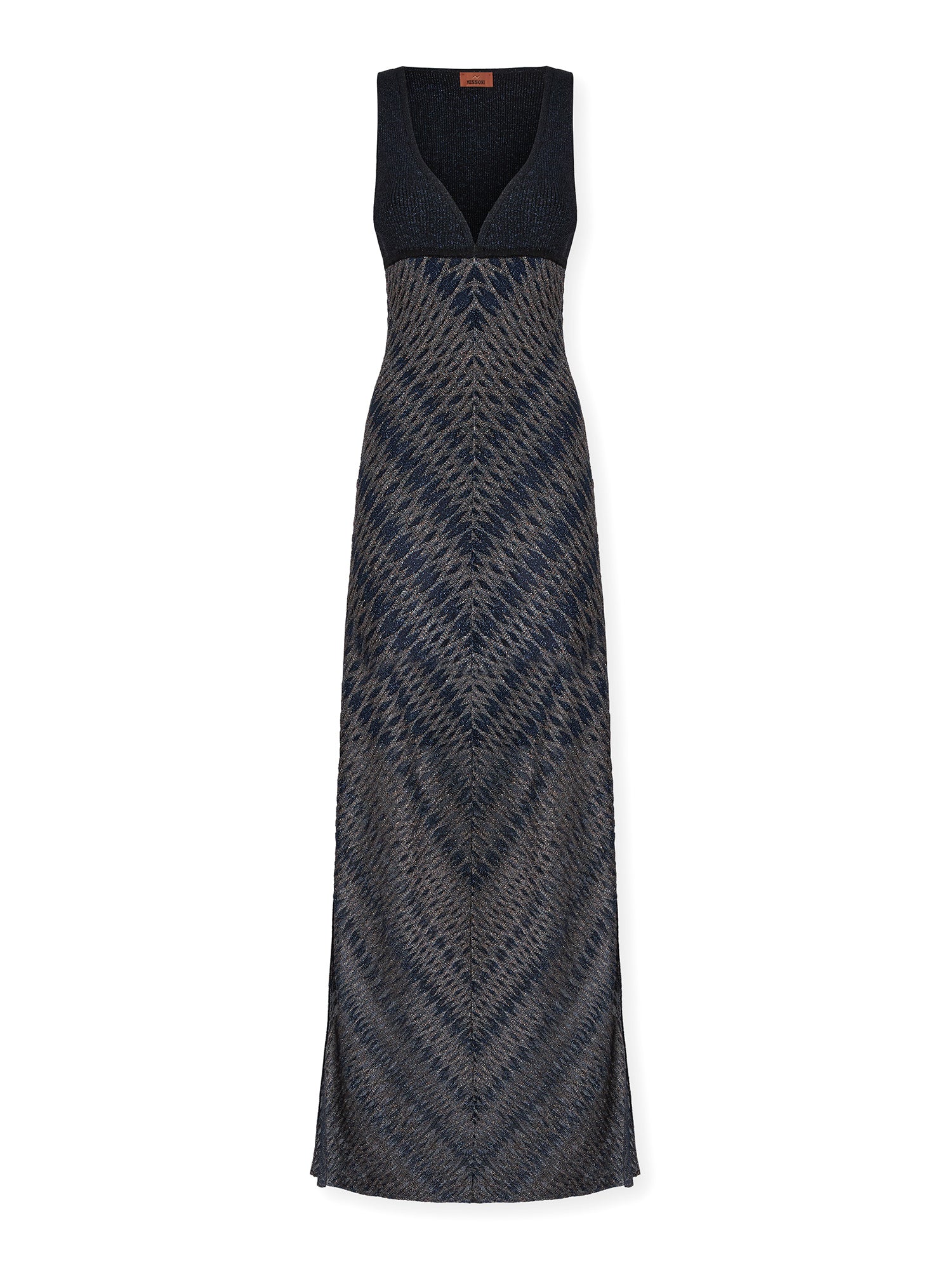 Metallic Diamond-Patterned V-Neck Maxi Dress