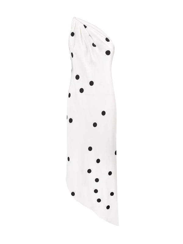 Mio One-Shoulder Polka Dot Satin Midi Dress