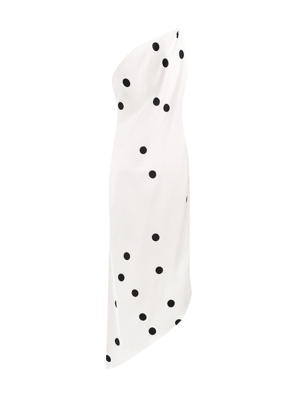 Mio One-Shoulder Polka Dot Satin Midi Dress