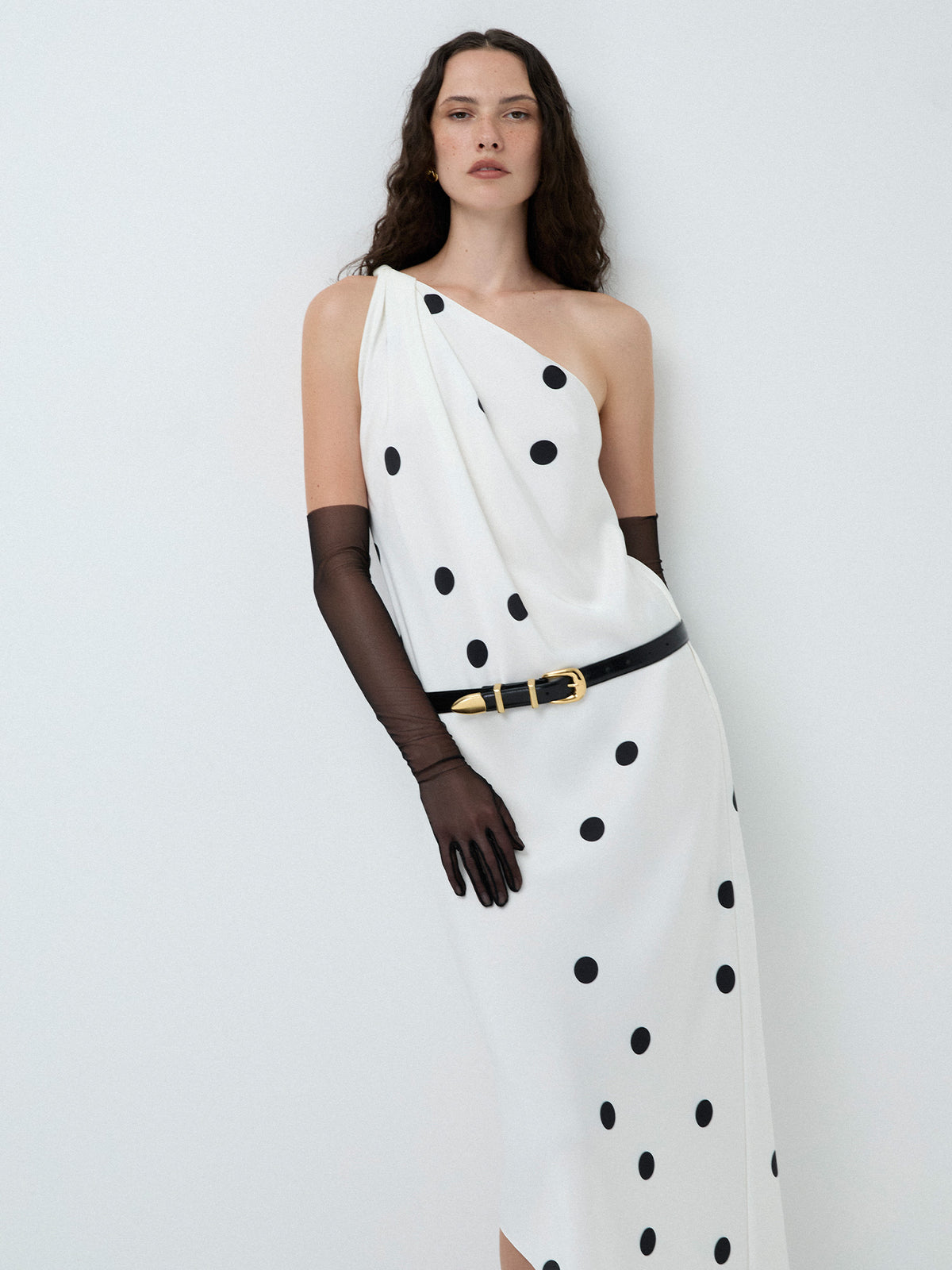 Mio One-Shoulder Polka Dot Satin Midi Dress