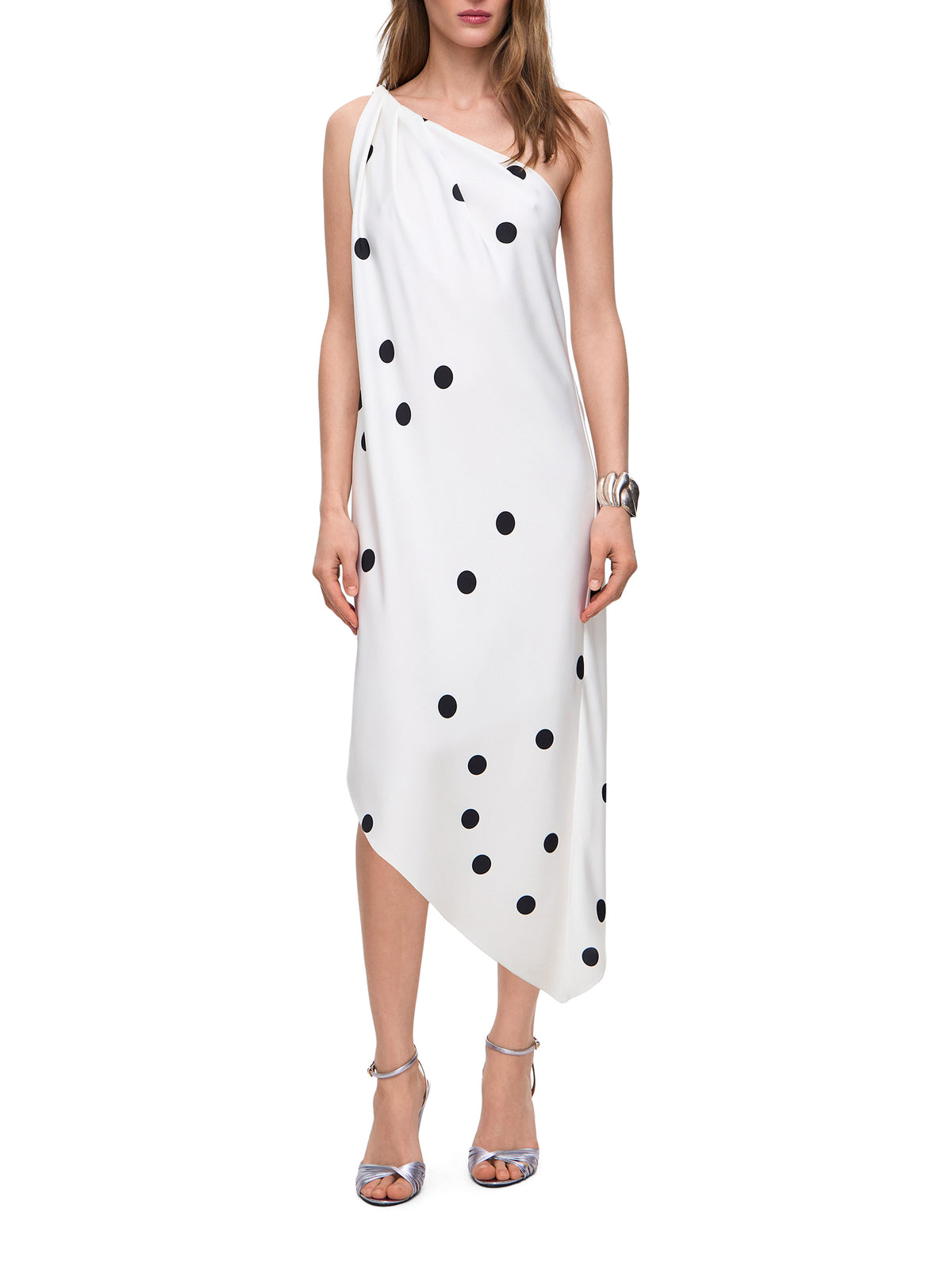 Mio One-Shoulder Polka Dot Satin Midi Dress