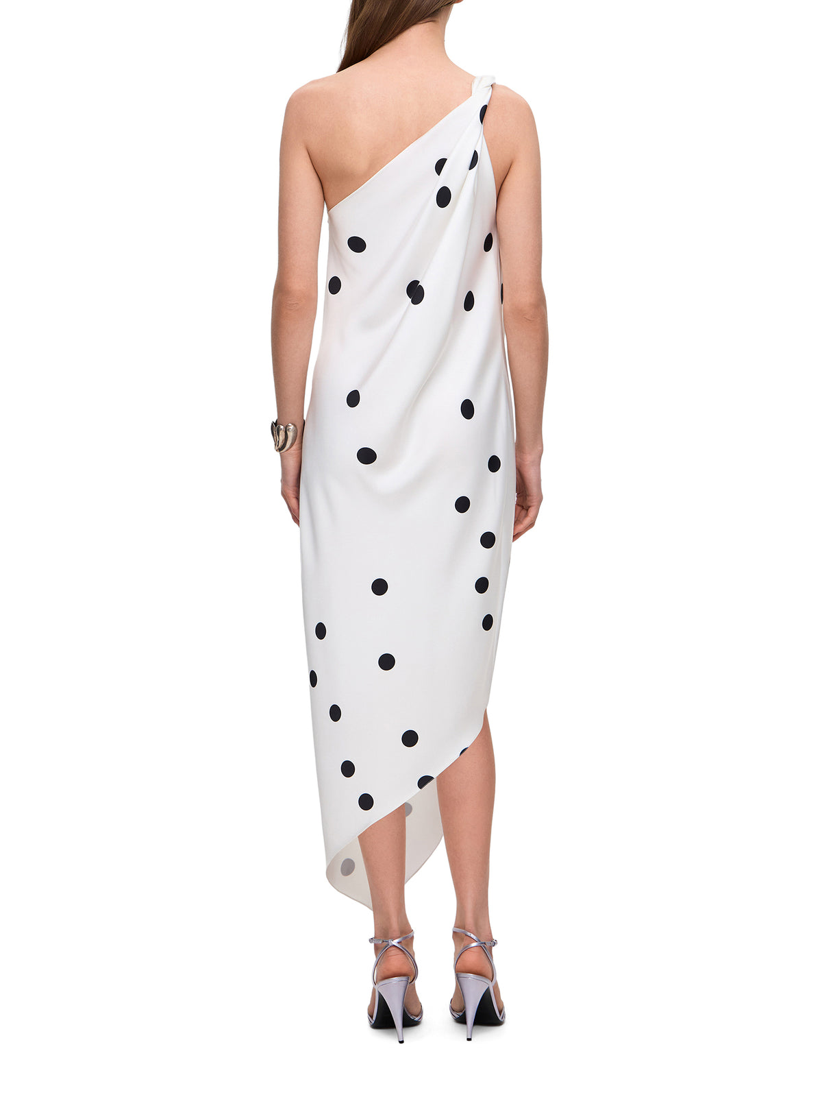Mio One-Shoulder Polka Dot Satin Midi Dress