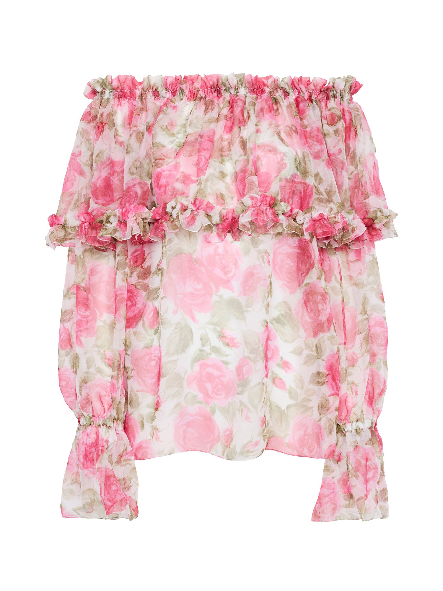 Off-Shoulder Puff-Sleeve Silk Floral Top