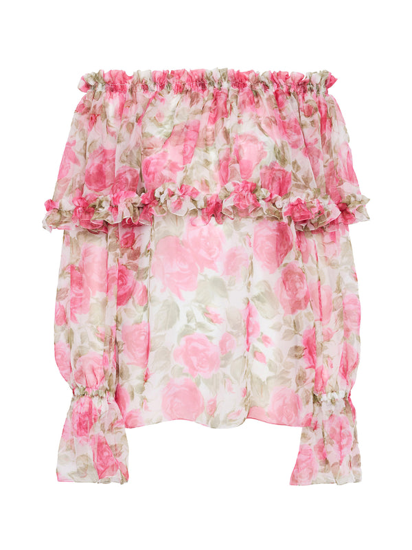 Off-Shoulder Puff-Sleeve Silk Floral Top
