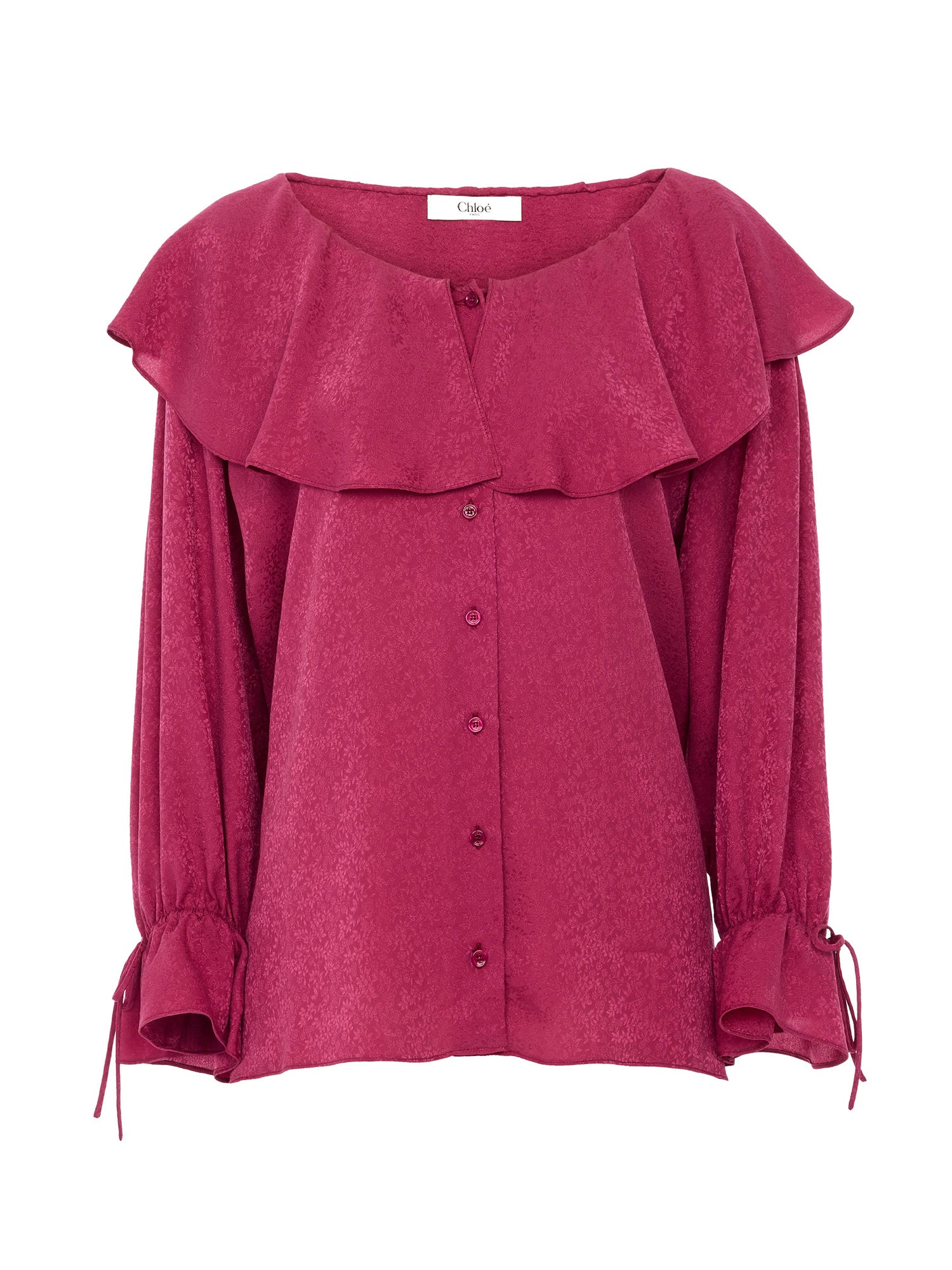 Round-Neck Silk Jacquard Ruffle Blouse