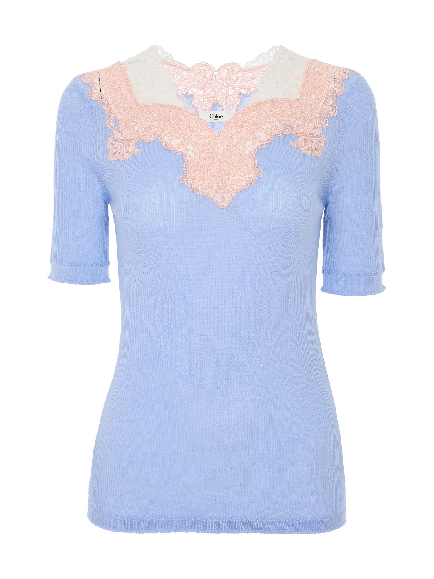 Wool Knit and Lace Elbow-Sleeve Fitted Sweater