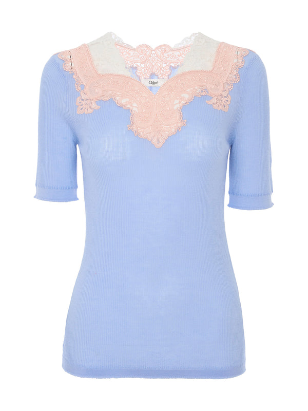 Wool Knit and Lace Elbow-Sleeve Fitted Sweater