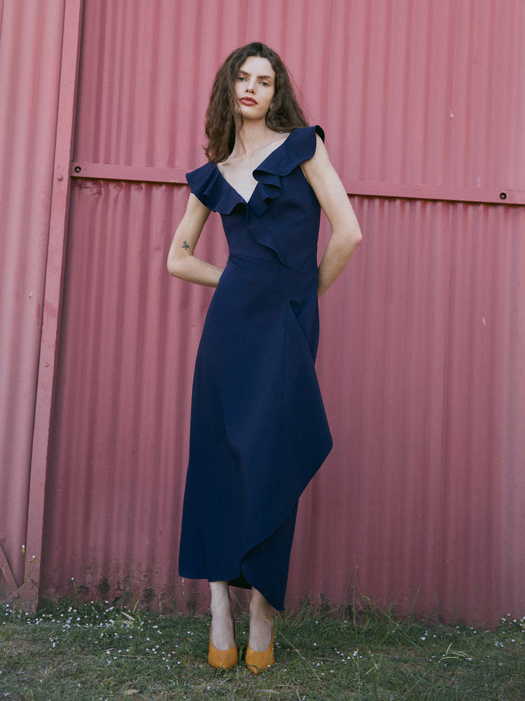tessa ruched midi dress navy Delphine