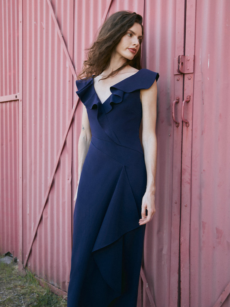 tessa ruched midi dress navy Delphine