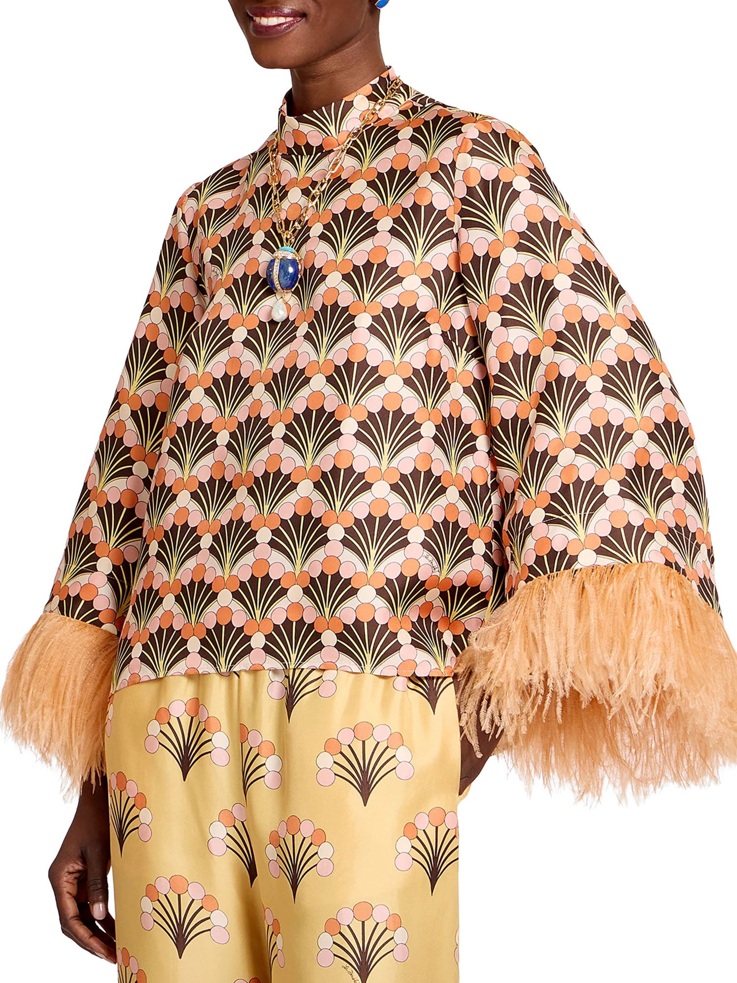 Silk Twill Make An Exit Top with Feathers