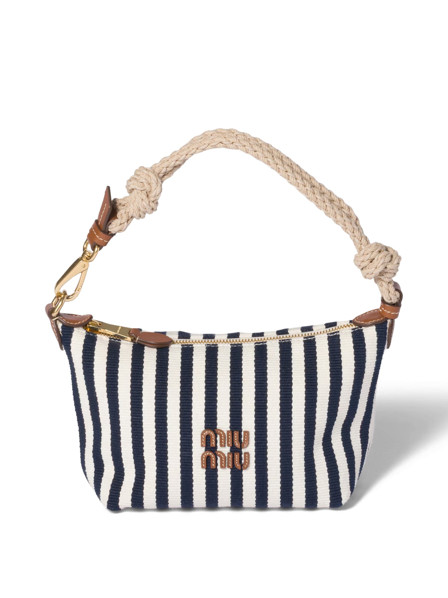 Striped Cotton and Leather Pouch