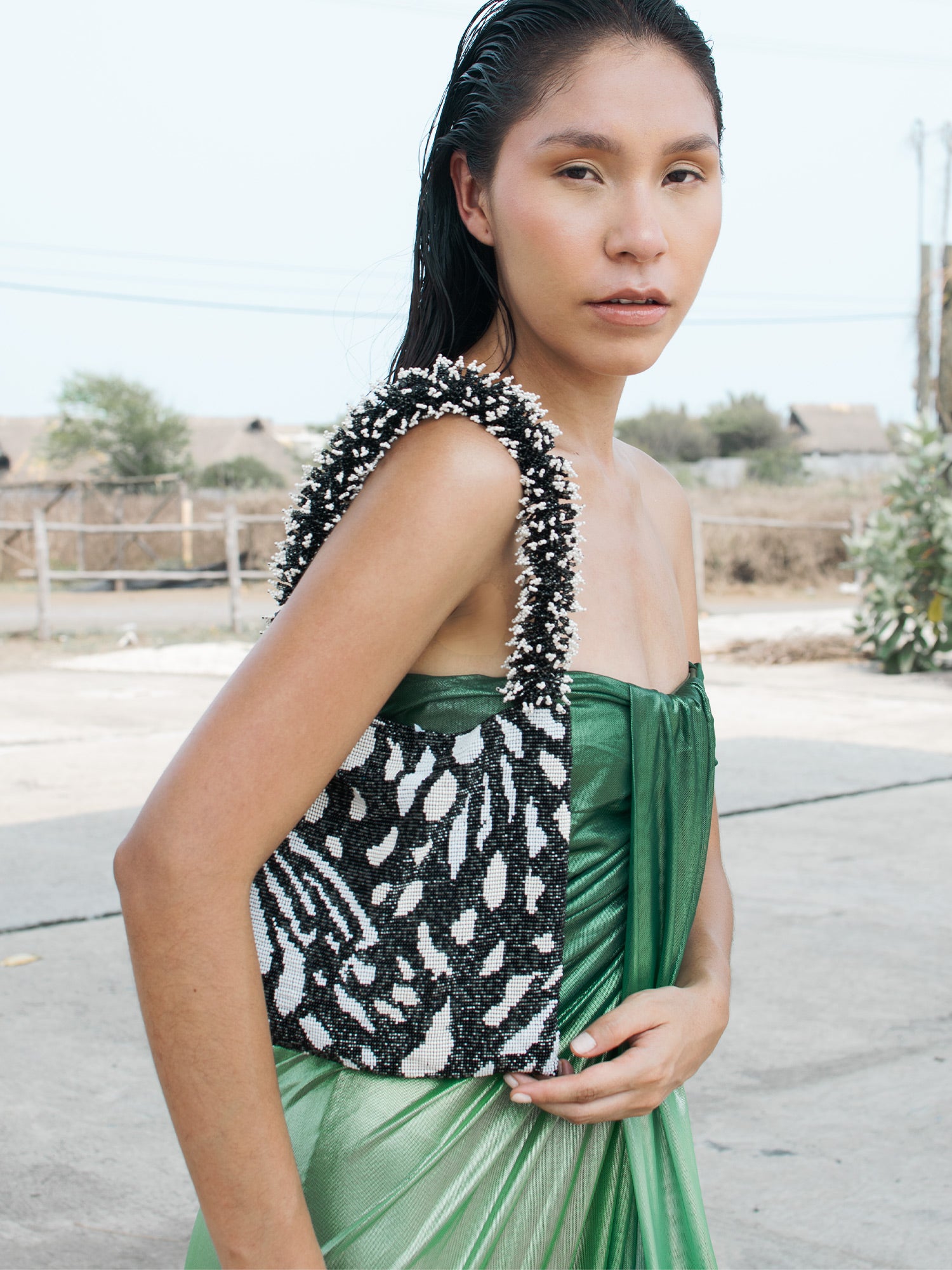 Butterfly Cream, Black, and White Clash of Prints Bag