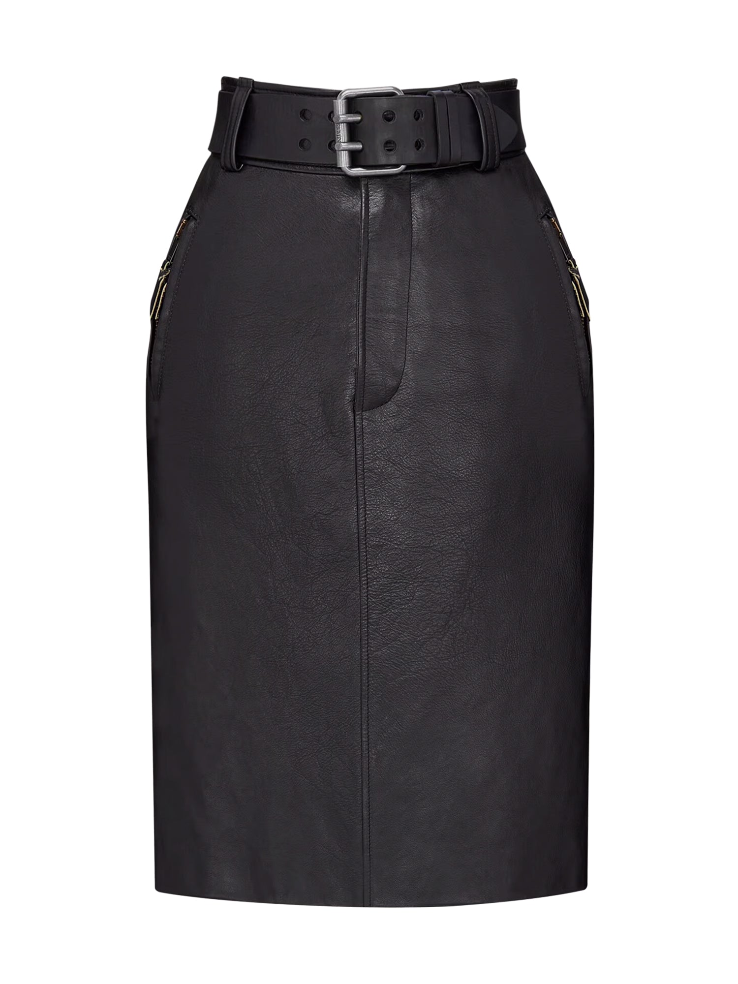 Grained Leather Belted Pencil Skirt