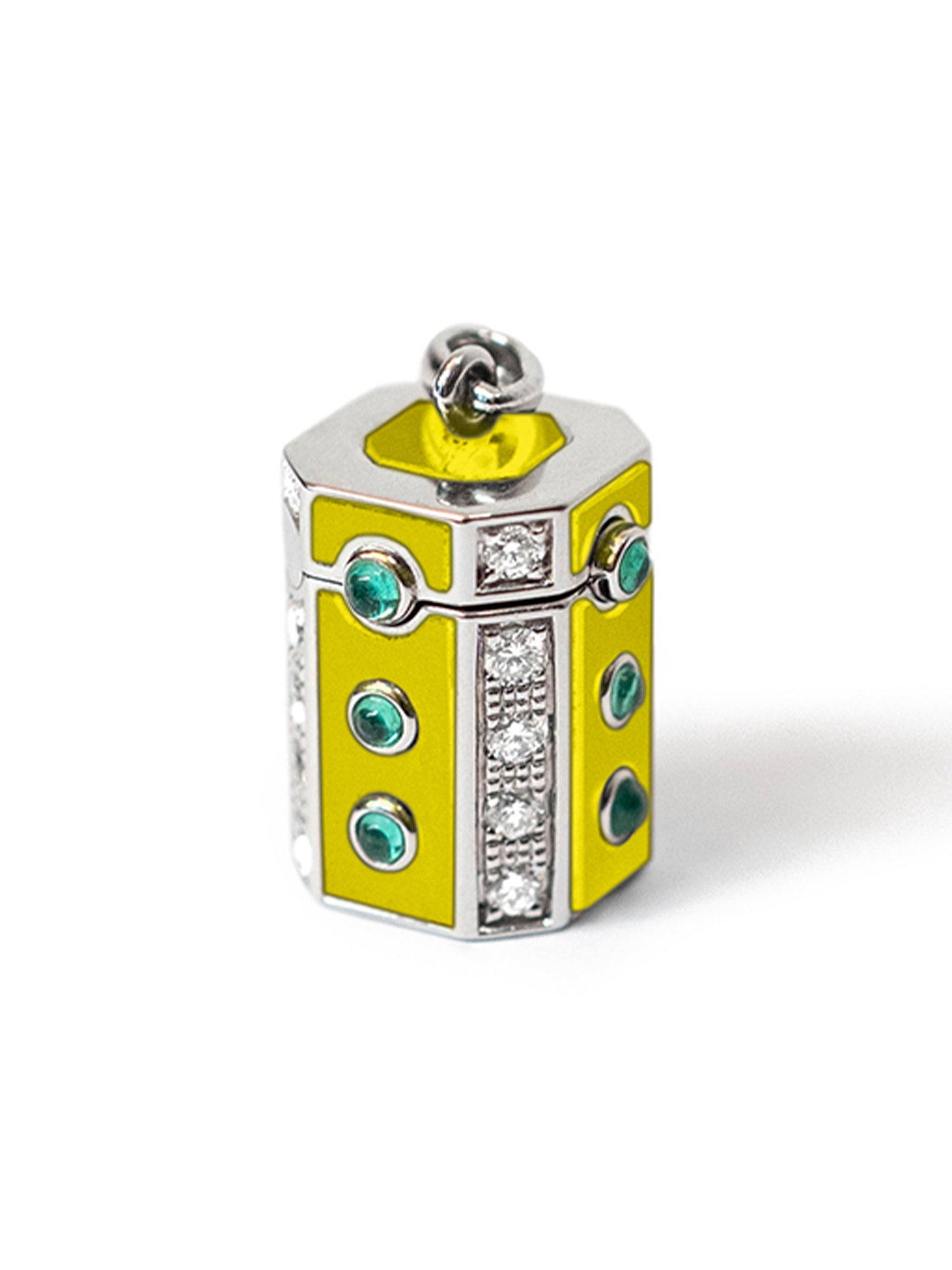 Enamel, Emerald, Silver and Diamond Wish Box Luck Necklace