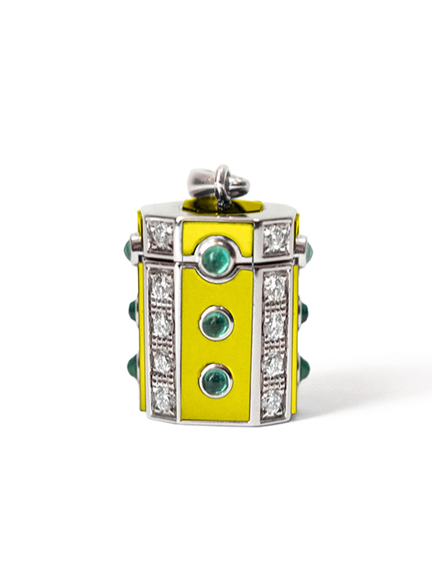 Enamel, Emerald, Silver and Diamond Wish Box Luck Necklace