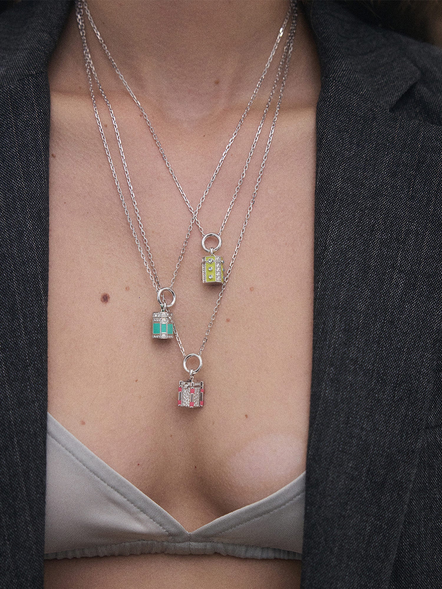 Enamel, Emerald, Silver and Diamond Wish Box Luck Necklace