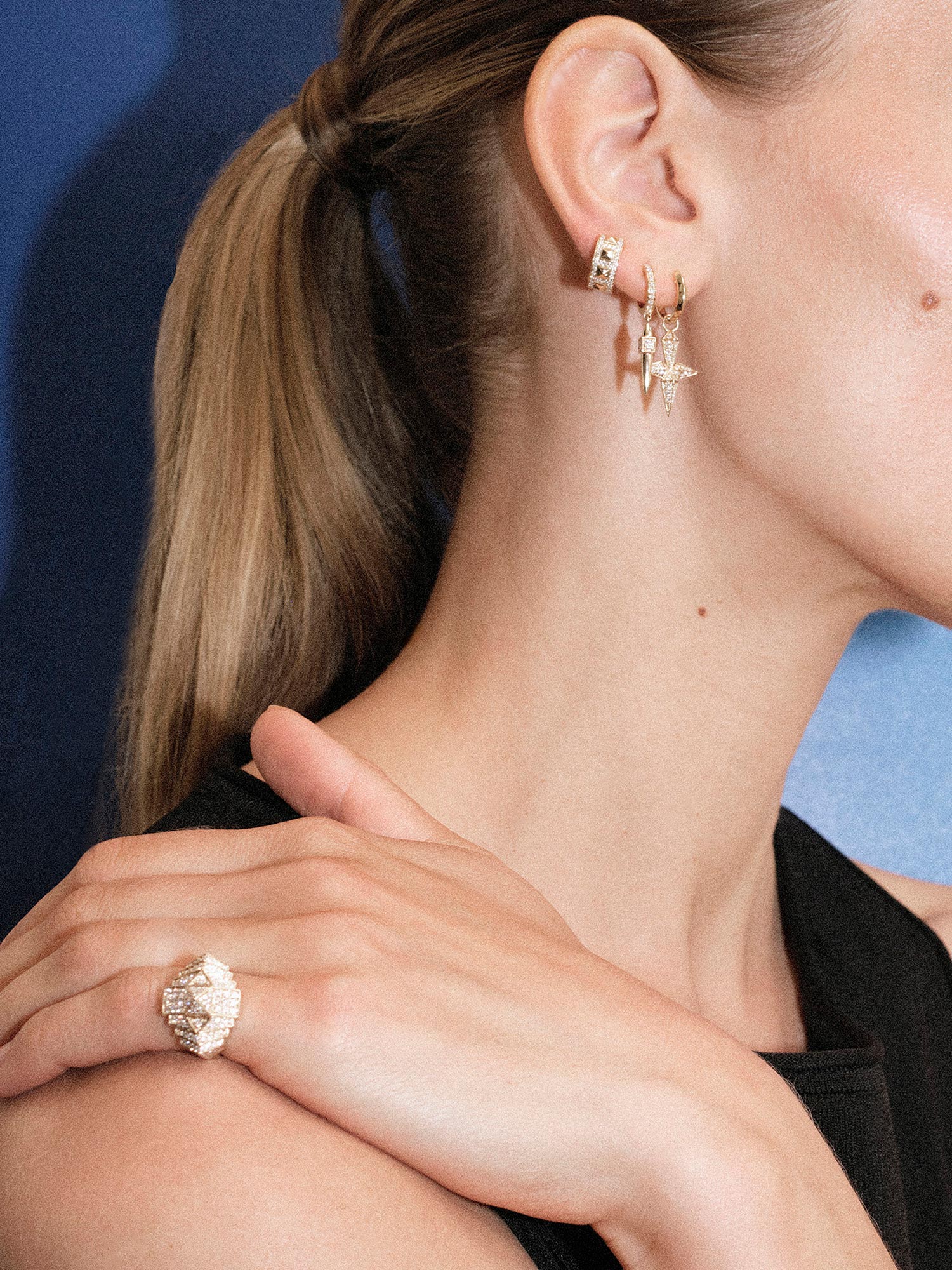 Yellow Gold and Diamond Rockaway Cross Hoop Earring