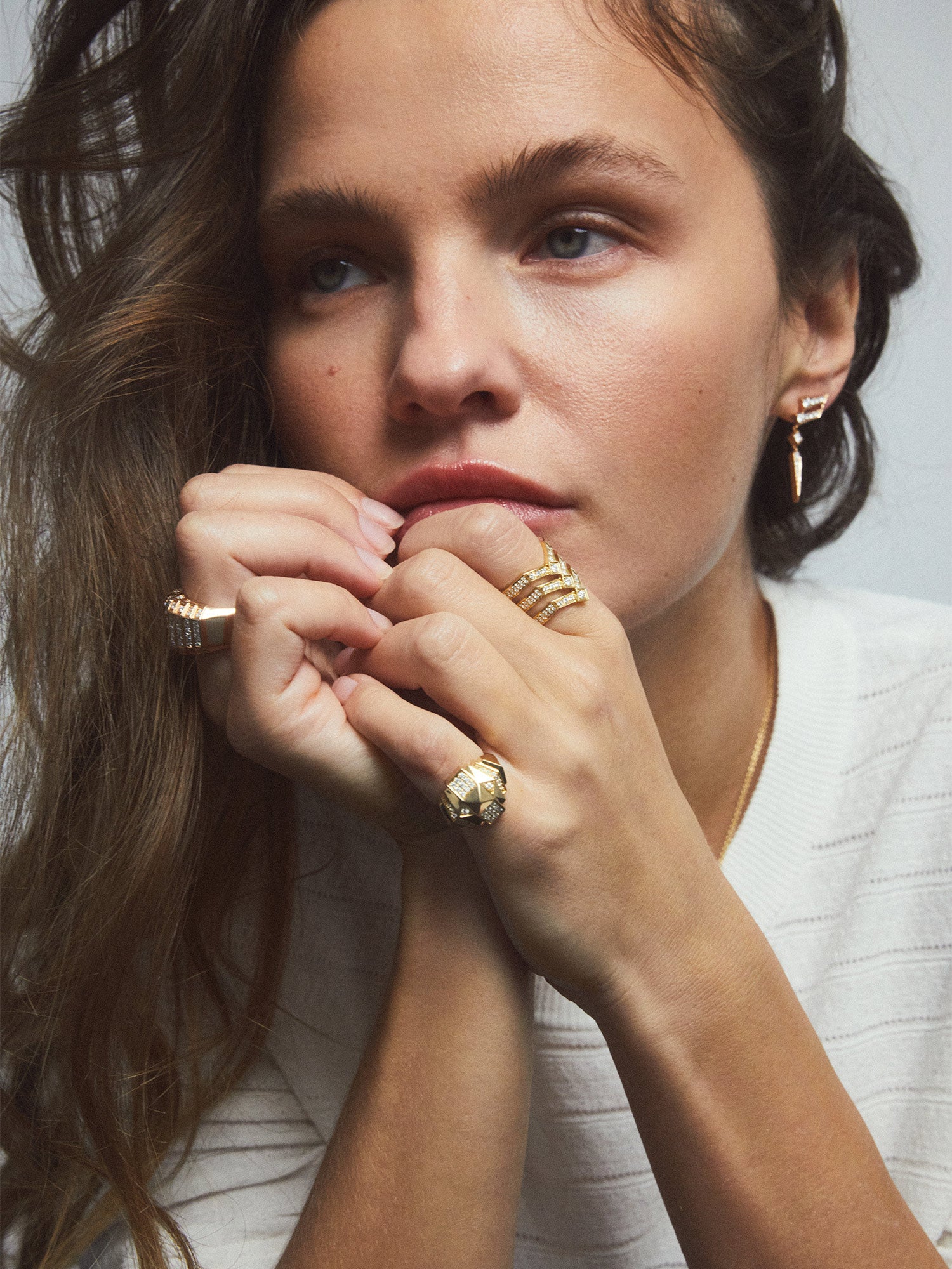 Yellow Gold and Diamond Rockaway Mini Pyramid Half Paved Ring